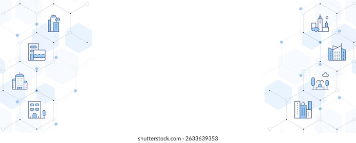 Urban Banner Vector Illustration with Two-sided Icon Style. Line Duotone icon. Containing. city, urban art, office building, building, fountain, architecture