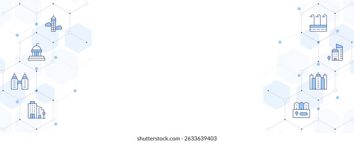 Urban Banner Vector Illustration with Two-sided Icon Style. Line Duotone icon. Containing. skyscraper, politics, building, village, city, office building, street lights.