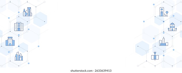 Urban Banner Vector Illustration with Two-sided Icon Style. Line Duotone icon. Containing. city, company, hotel, cityscape, street light, architecture and city, office, house.