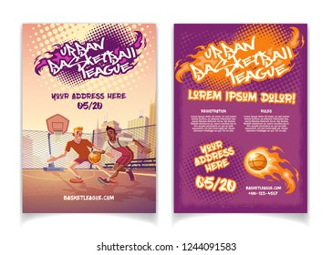 Urban basketball league tournament promo cartoon vector brochure with graffiti lettering text, players play ball on outdoor court or park playground illustration. Street basketball competition flyer