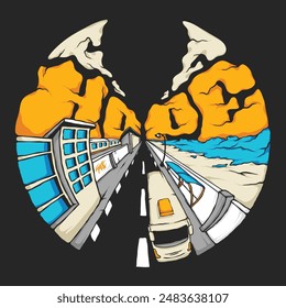 urban and beach illustration with clouds that say "hope".