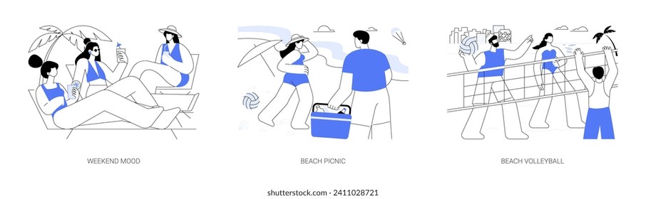 Urban beach isolated cartoon vector illustrations set. Summer weekend mood, beach picnic, play volleyball with friends, drink cocktails, recreation day, leisure time together vector cartoon.