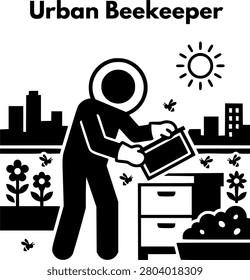 Urban beekeeper checking honey frame from beehive in city rooftop garden vector icon