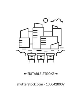 Urban beekeeping line icon. Apiary, bee-garden in the city. Beehives, on city background. Urban farming, apiculture. Eco city concept. Earth day. Isolated vector illustration. Editable stroke 