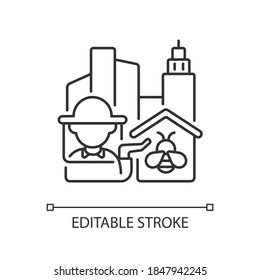 Urban beekeeping linear icon. Honey bee for honey production. Worker with insect. Thin line customizable illustration. Contour symbol. Vector isolated outline drawing. Editable stroke