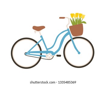 Urban bicycle or city bike with step-through frame and front basket full of spring flowers isolated on white background. Modern pedal-driven vehicle. Side view. Seasonal flat vector illustration.