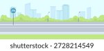 Urban bicycle lane with sign, flat graphic style, modern city skyline and greenery in background, concept of eco-friendly transport. Vector illustration
