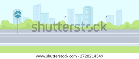 Urban bicycle lane with sign, flat graphic style, modern city skyline and greenery in background, concept of eco-friendly transport. Vector illustration