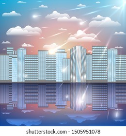 Urban big city skycrapers panorama on lake or ocean, big city cartoon illustration with a ray of light, tower with cute sunrise or sanest and clouds. Creative industrial vector poster. 