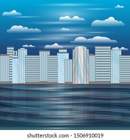 Urban big city skyscrapers panorama on lake or ocean, big city cartoon illustration with a ray of light, tower with cute sunrise or sunset and clouds. Creative industrial vector poster. 