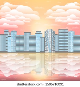 Urban big city skyscrapers panorama on lake or ocean, big city cartoon illustration with a ray of light, tower with cute sunrise or sunset and clouds. Creative industrial vector poster. 