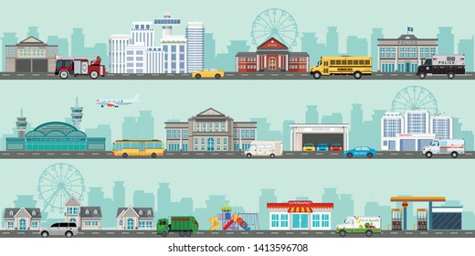 Urban big cityscape with various large modern buildings and suburb with private houses, City life flat infographic design template. vector illustration. 