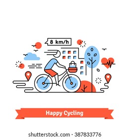 Urban Bike Path Happy Cycling Woman With A Basket On Her Bicycle. Thin Line Art Icons Set. Flat Style Illustrations Isolated On White.