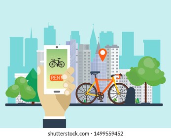 Urban bike renting system by using the phone app vector illustration. Smart service for rent bikes in the city.
