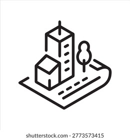 Urban block with buildings and road, linear icon. City planning and architectural layout. Line with editable stroke.