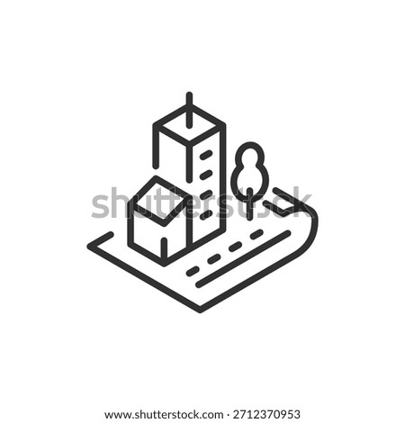 Urban block with buildings and road, linear icon. City planning and architectural layout. Line with editable stroke.