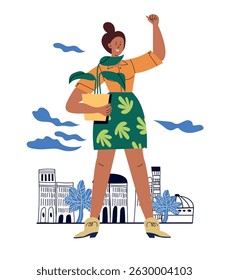 Urban Bloom. Happy girl with potted flower in city. Modern lifestyle vector illustration. Trendy design for travel blog, postcard, fashion magazine, mobile app, social media, and poster.