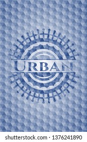 Urban blue badge with geometric pattern.