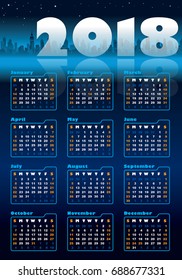 Urban blue calendar for 2018, weeks starts on Sunday