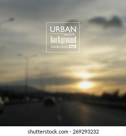 Urban blurred photo background, sunset time. Vector illustration