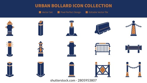 Urban Bollard Icon Collection Featuring Fire Hydrants Barriers Chain Posts and Decorative Fences for Street Safety Access Control and Graphic Design Projects
