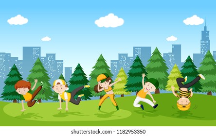 Urban boy street dance in the park illustration