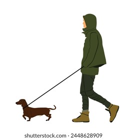 Urban boy walking Dachshund dog on the leash vector illustration isolated on white background. Owner handsome man with cute pet ground hunter dog. Male walk in raincoat outdoor relaxation after work.