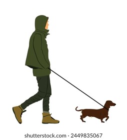 Urban boy walking Dachshund dog on the leash vector illustration isolated on white background. Owner handsome man with cute pet ground hunter dog. Male walk in raincoat outdoor relaxation after work.