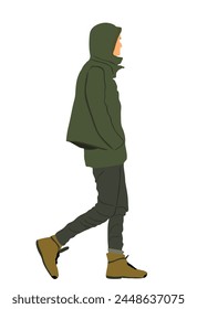 Urban boy walking vector illustration isolated on white background. Handsome man street walk. Male in raincoat autumn outdoor relaxation after work. Health care park activity.