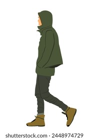 Urban boy walking vector illustration isolated on white background. Handsome man street walk. Male in raincoat autumn outdoor relaxation after work. Health care park activity.