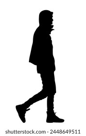 Urban boy walking vector silhouette illustration isolated on white background. Handsome man shape shadow street walk. Male in raincoat autumn outdoor relaxation after work. Health care park activity.