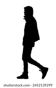 Urban boy walking vector silhouette illustration isolated on white background. Handsome man shape shadow street walk. Male in raincoat autumn outdoor relaxation after work. Health care park activity.