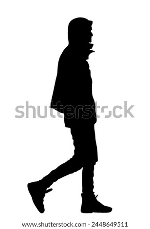 Urban boy walking vector silhouette illustration isolated on white background. Handsome man shape shadow street walk. Male in raincoat autumn outdoor relaxation after work. Health care park activity.