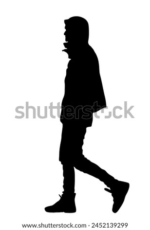 Urban boy walking vector silhouette illustration isolated on white background. Handsome man shape shadow street walk. Male in raincoat autumn outdoor relaxation after work. Health care park activity.