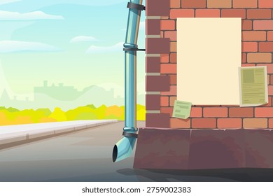 Urban brick wall scene with blank posters and metal drainpipe on street corner