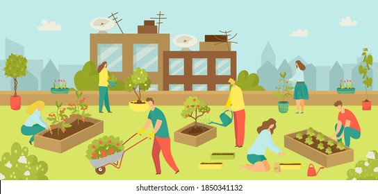 Urban building with flat garden at rooftop concept, vector illustration. City agriculture gardening people at green nature background. Man woman plant terrace at skyscraper design.