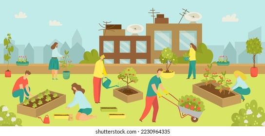 Städtisches Gebäude mit flachem Garten auf dem Dach Konzept, Vektorgrafik. Städtische Landwirtschaft, in der Menschen auf grünem Naturhintergrund garten.
