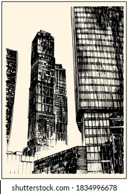 Urban building high rise dramatic view. Summer day black and white hand drawing with pen and ink. Sketch style.
