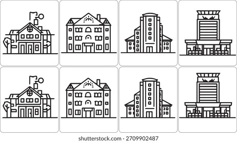 Edificio Urbana y conjunto de la casa Ilustración vectorial de estilos arquitectónicos mixtos