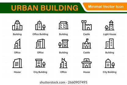 Urban Building icon set. Containing house, office, bank, school, hotel, shop, university and hospital icons. Solid icon collection. 