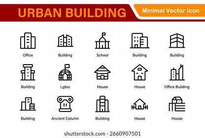 Conjunto de iconos de Edificio Urbana. Contiene iconos de casa, oficina, banco, escuela, hotel, tienda, universidad y hospital. Colección de iconos sólidos. 