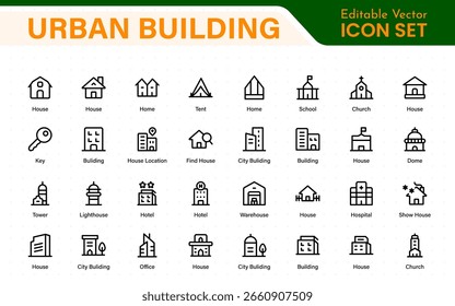 Conjunto de iconos de Edificio Urbana. Contiene iconos de casa, oficina, banco, escuela, hotel, tienda, universidad y hospital. Colección de iconos sólidos. 
