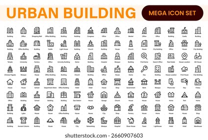 Urban Building icon set. Containing house, office, bank, school, hotel, shop, university and hospital icons. Solid icon collection. 