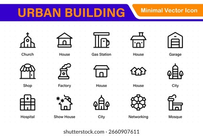 Urban Building icon set. Containing house, office, bank, school, hotel, shop, university and hospital icons. Solid icon collection. 