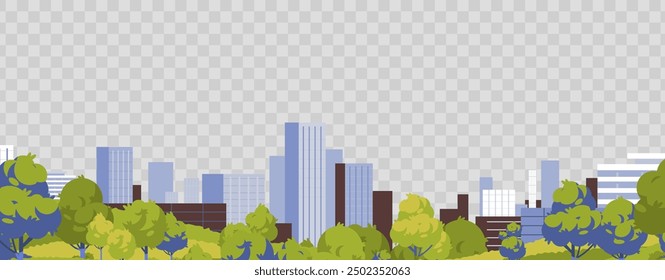 Urban building landscape with trees on transparent background. Modern city fragment elements in flat style