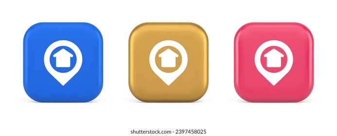 Urban building location find button house map pin web application 3d realistic blue gold and pink icons. City apartment hotel navigation position online pointer interface route direction