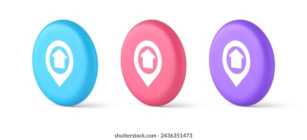Urban building location find button house map pin web application 3d realistic blue pink and purple icons. City apartment navigation position online pointer interface route direction