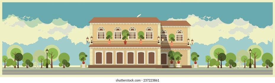 Urban building on broad band Panorama on a sky background
