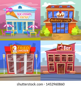 Urban Building Set Ice Cream Parlor, Bakery Cafe, Fried Chicken Market Or Restaurant And Bar. Exterior Of Snack Place With Terrace, Pub Architecture Vector, Buildings For Game