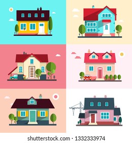 Urban Building Symbols - Vector Flat Design Family Houses Set - Home Exterior Icons